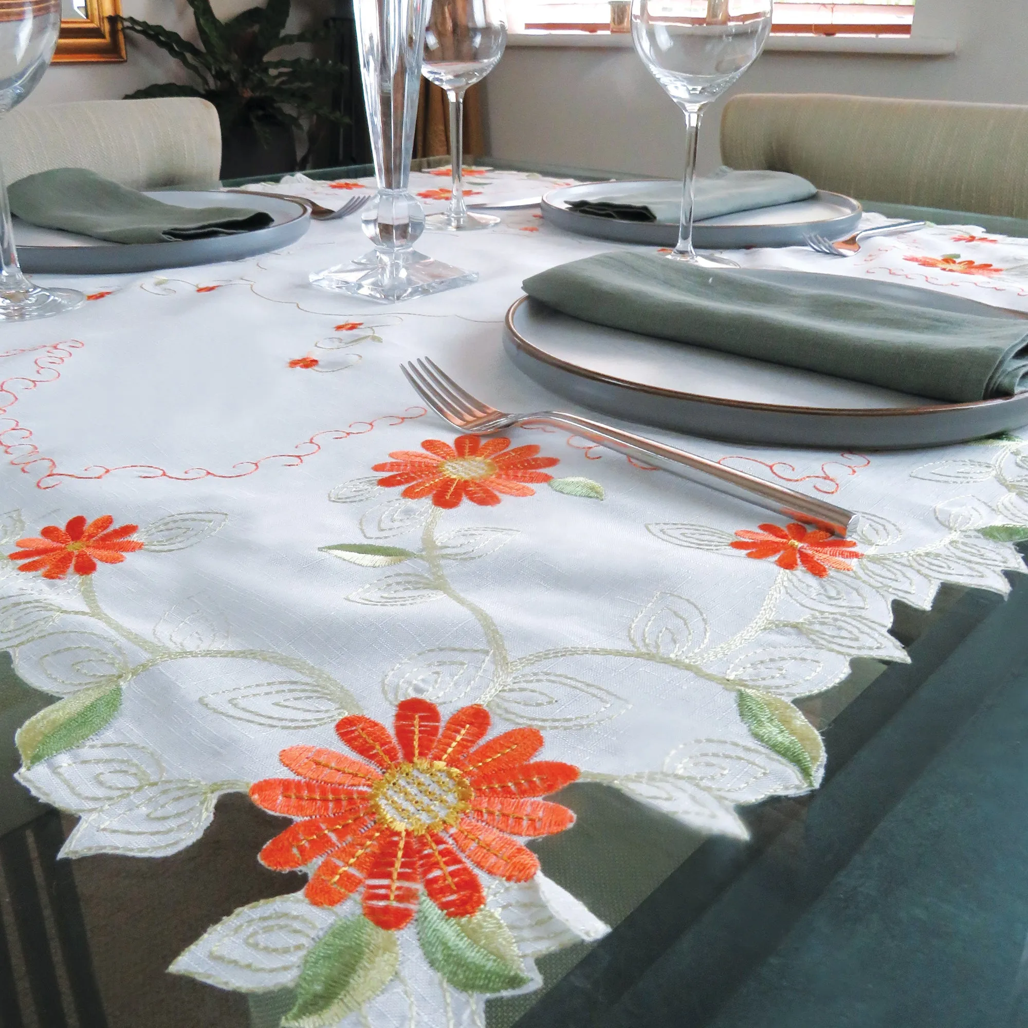 Orange Floral Embroidered Tablecloth Overlay