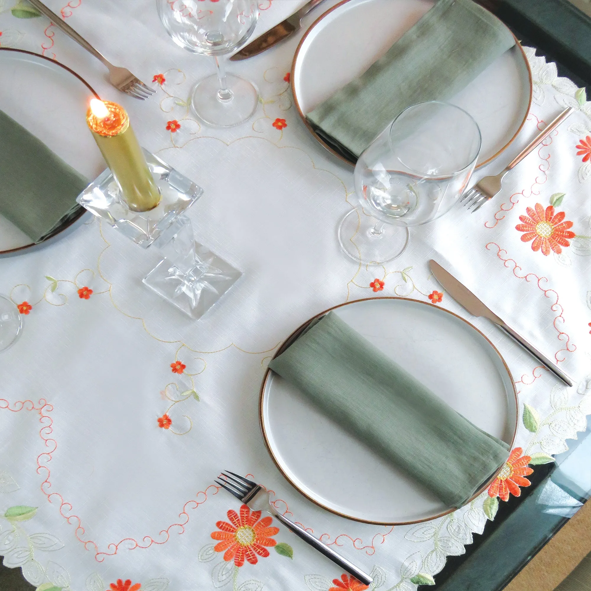 Orange Floral Embroidered Tablecloth Overlay