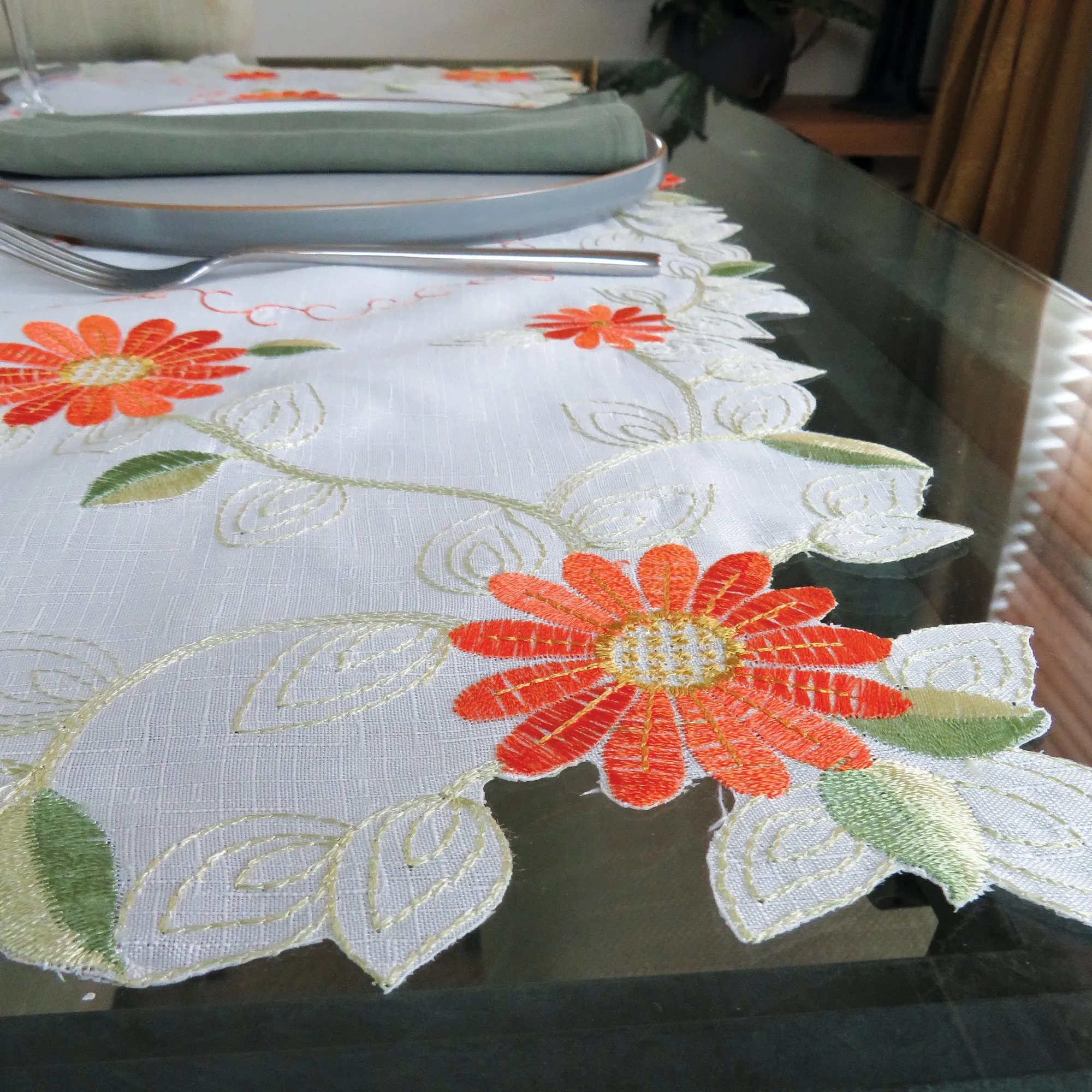 Orange Floral Embroidered Tablecloth Overlay