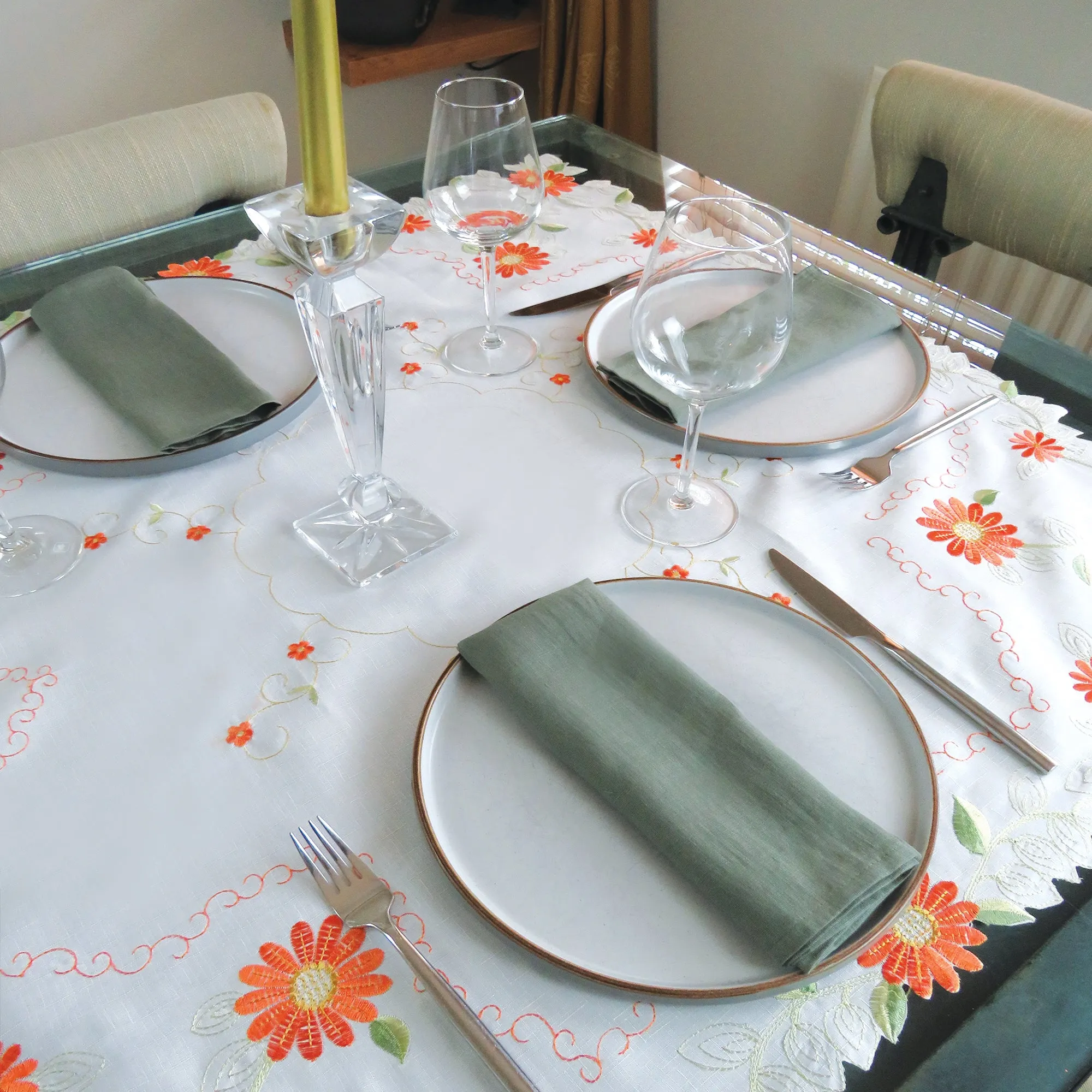 Orange Floral Embroidered Tablecloth Overlay