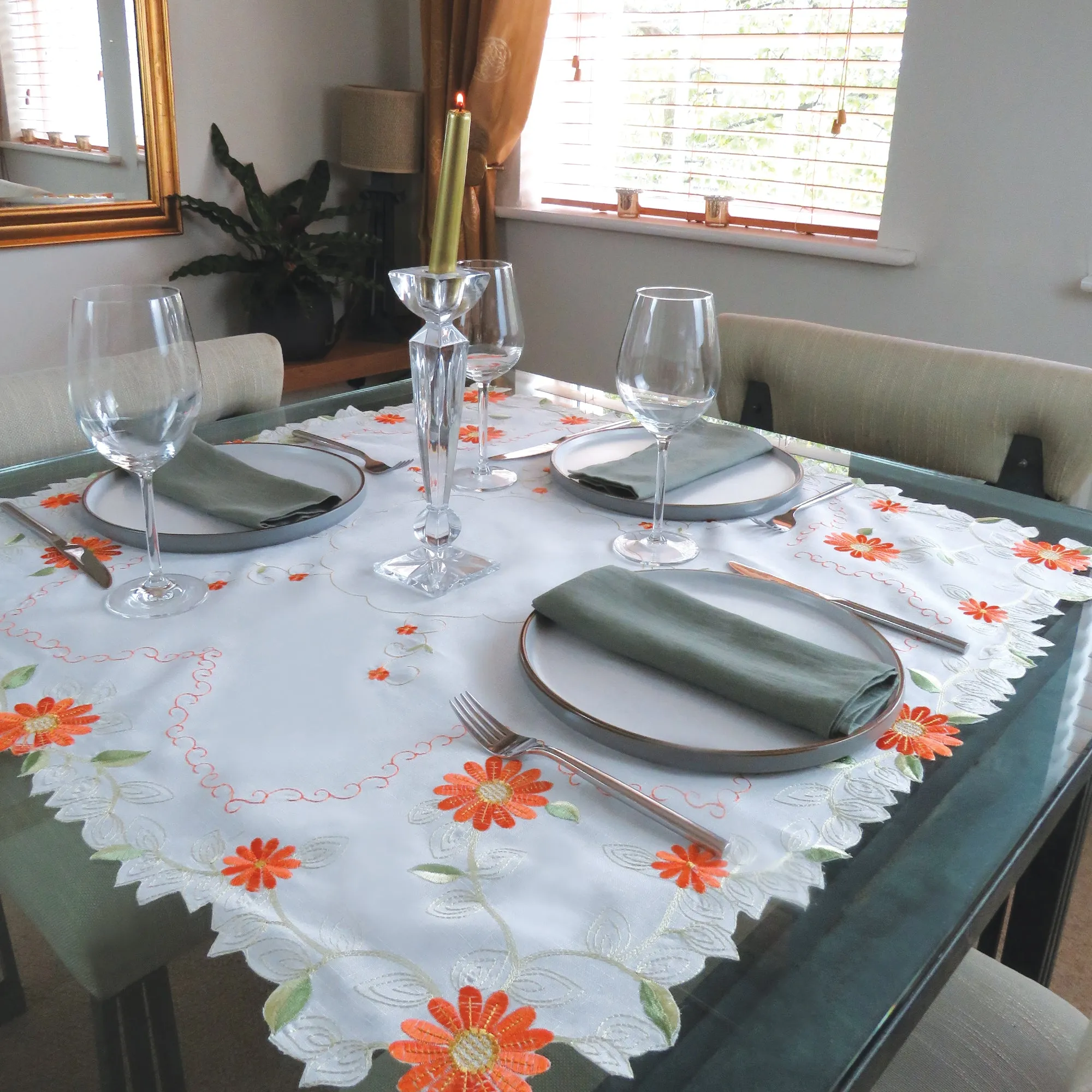 Orange Floral Embroidered Tablecloth Overlay