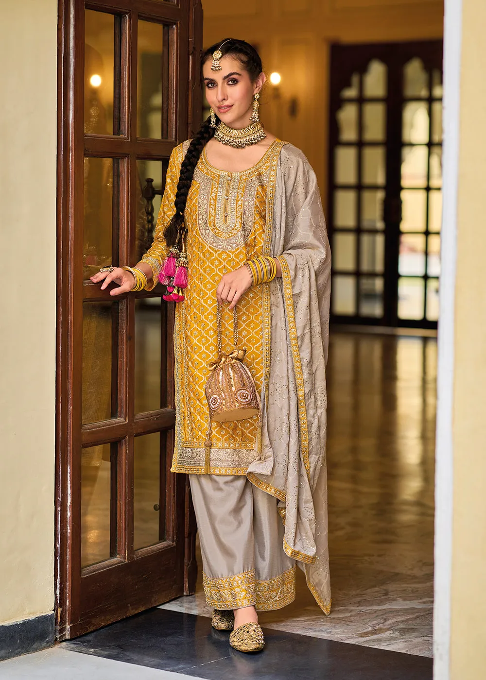 Palazzo Style Chinnon Mustard Embroidered Festive Suit