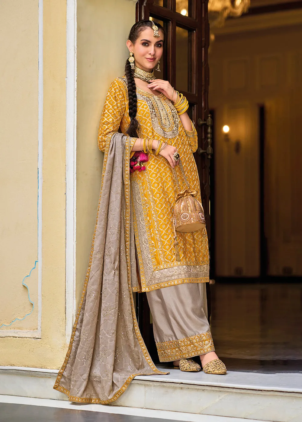 Palazzo Style Chinnon Mustard Embroidered Festive Suit