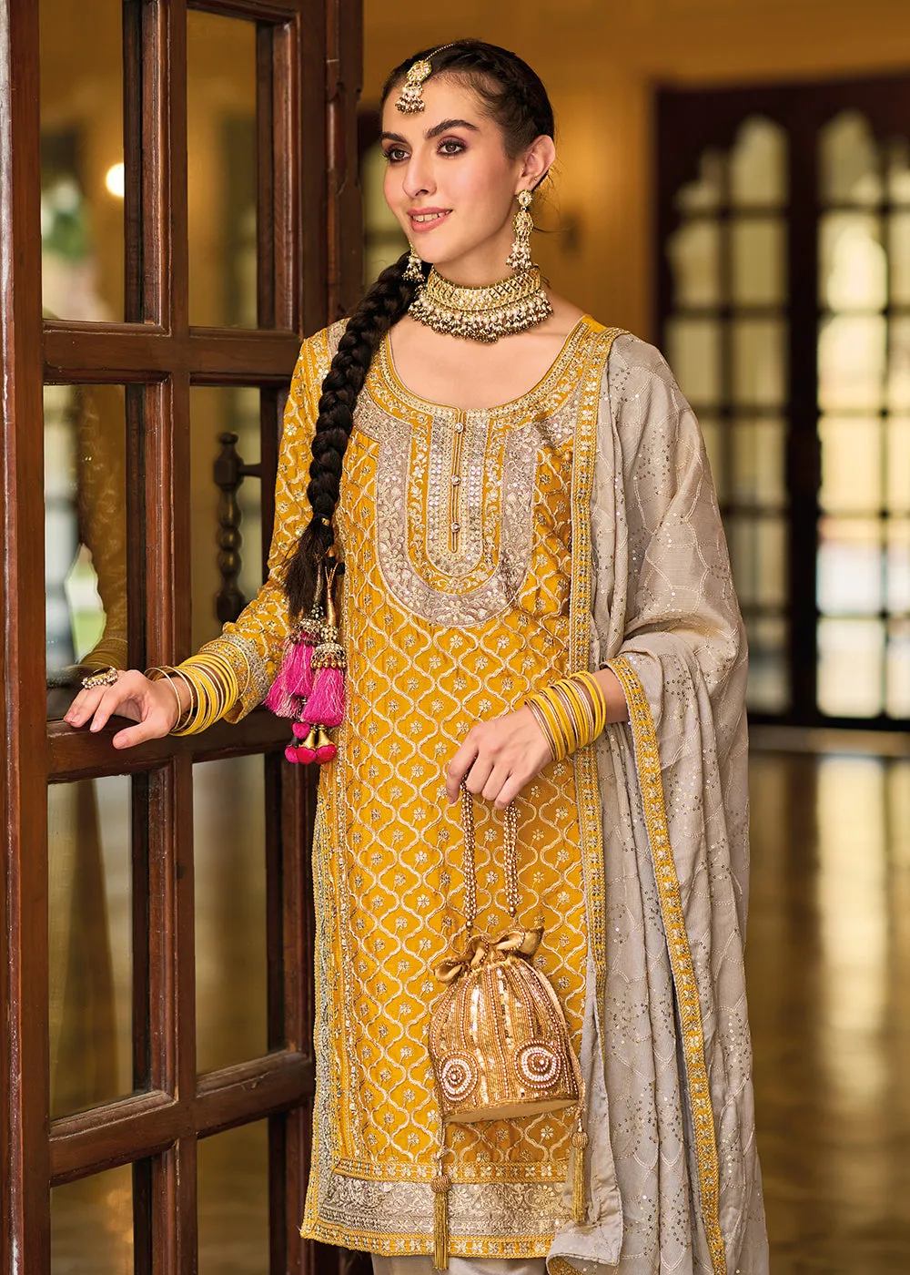 Palazzo Style Chinnon Mustard Embroidered Festive Suit