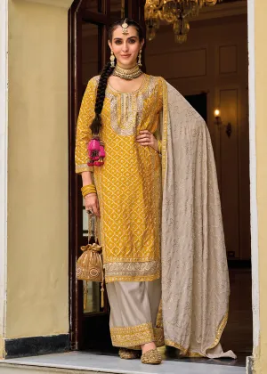 Palazzo Style Chinnon Mustard Embroidered Festive Suit