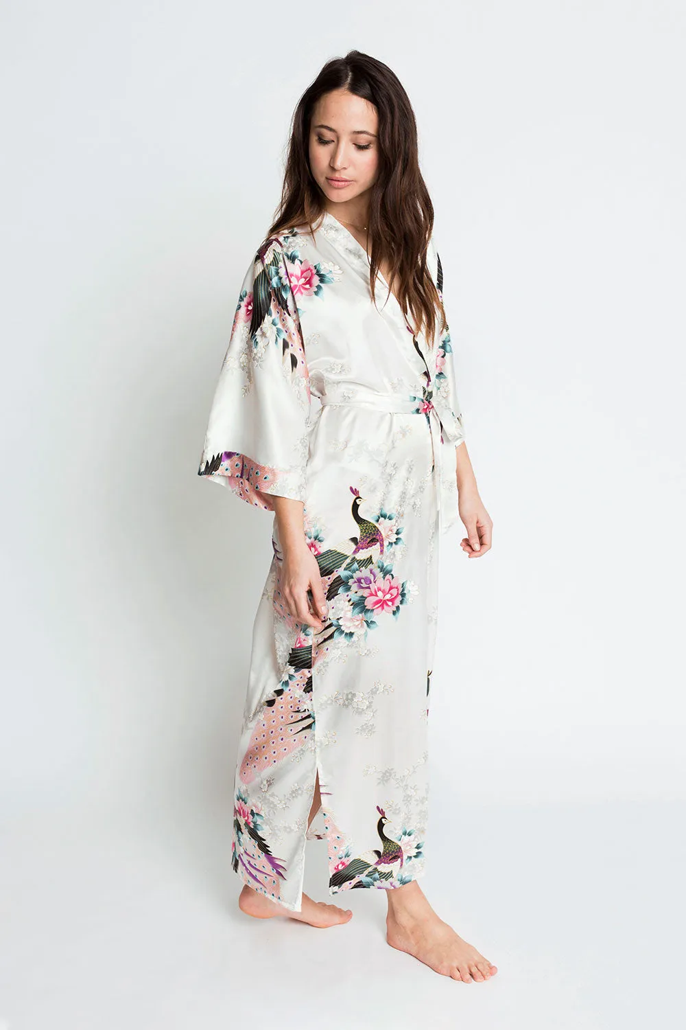 Peacock & Blossoms Long Kimono Robe