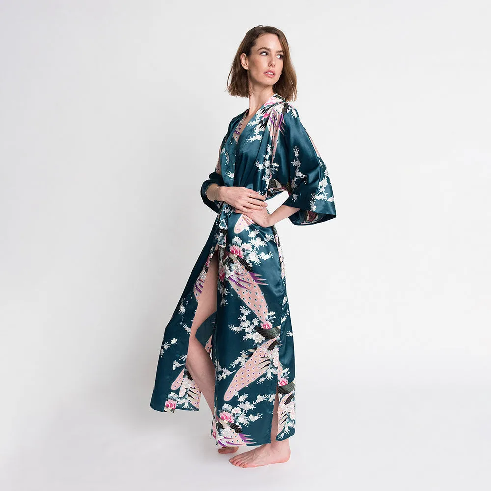 Peacock & Blossoms Long Kimono Robe