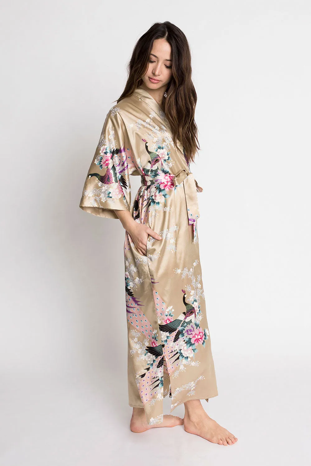 Peacock & Blossoms Long Kimono Robe