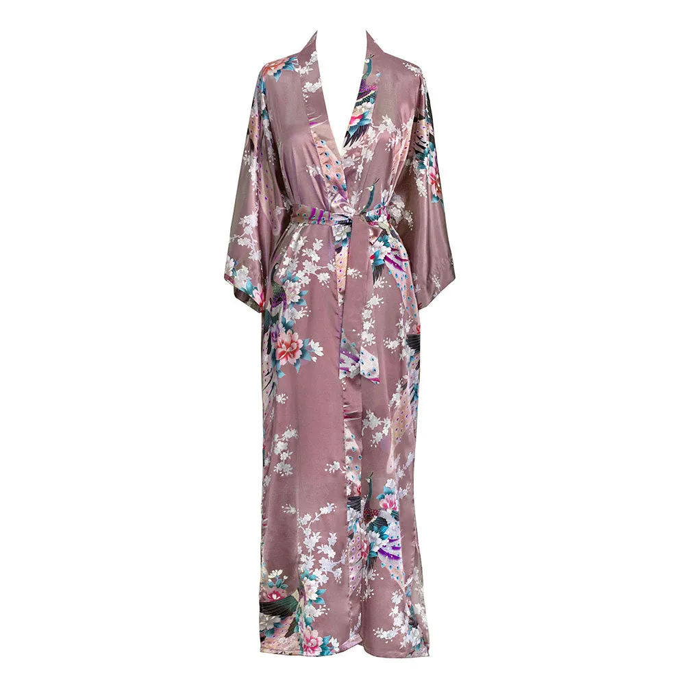 Peacock & Blossoms Long Kimono Robe