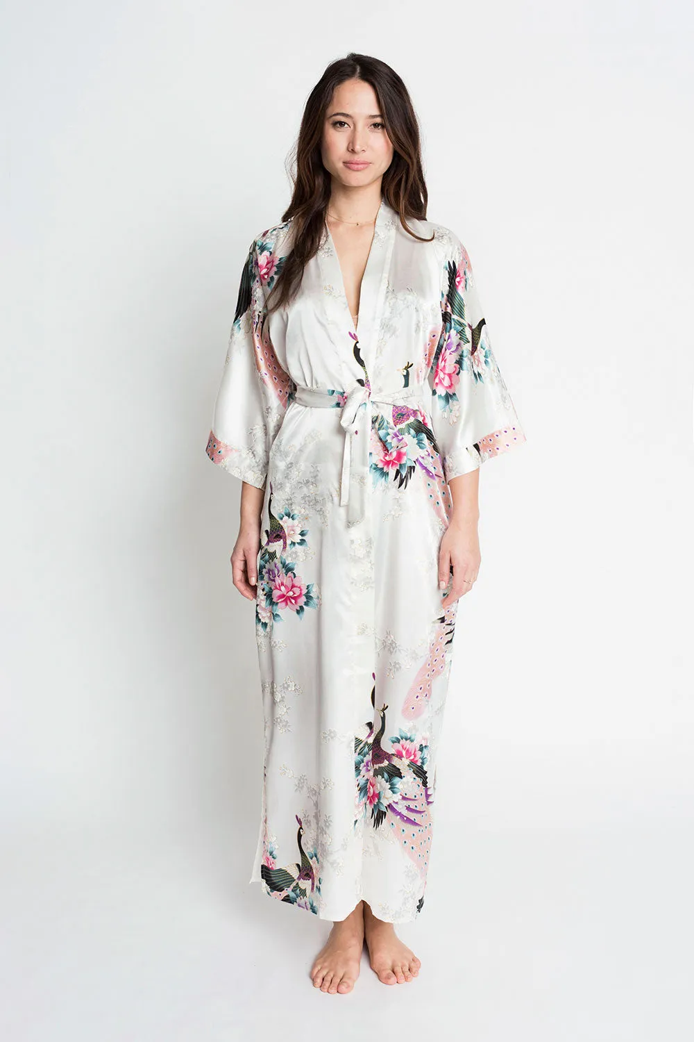 Peacock & Blossoms Long Kimono Robe