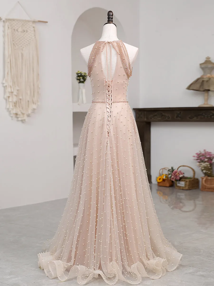 Pink Beaded Tulle Halter Long Formal Dress Evening Dress Pink Long A-line Party Dress