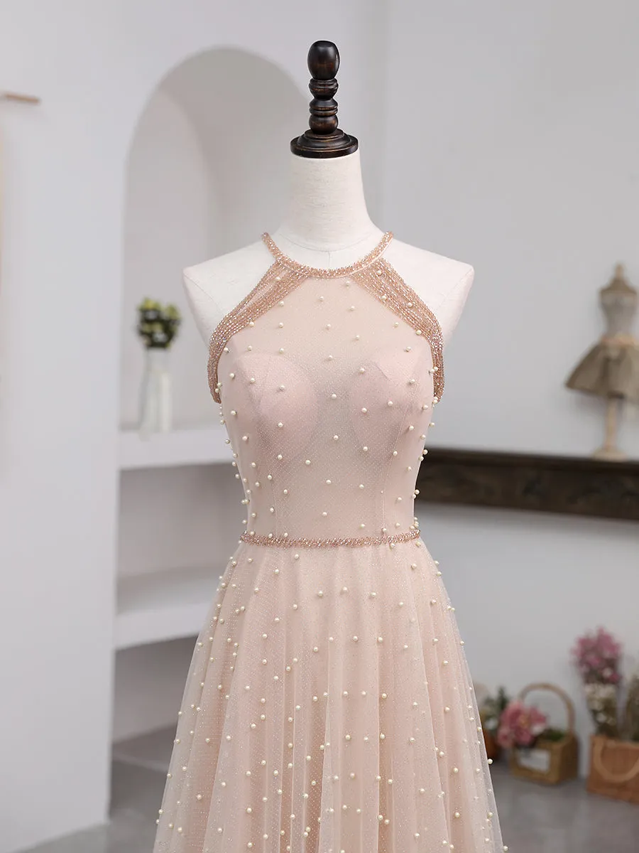 Pink Beaded Tulle Halter Long Formal Dress Evening Dress Pink Long A-line Party Dress