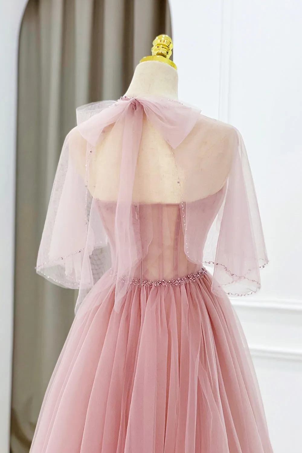 Pink Tulle Beaded Long Prom Dress, Lovely Pink Evening Dress