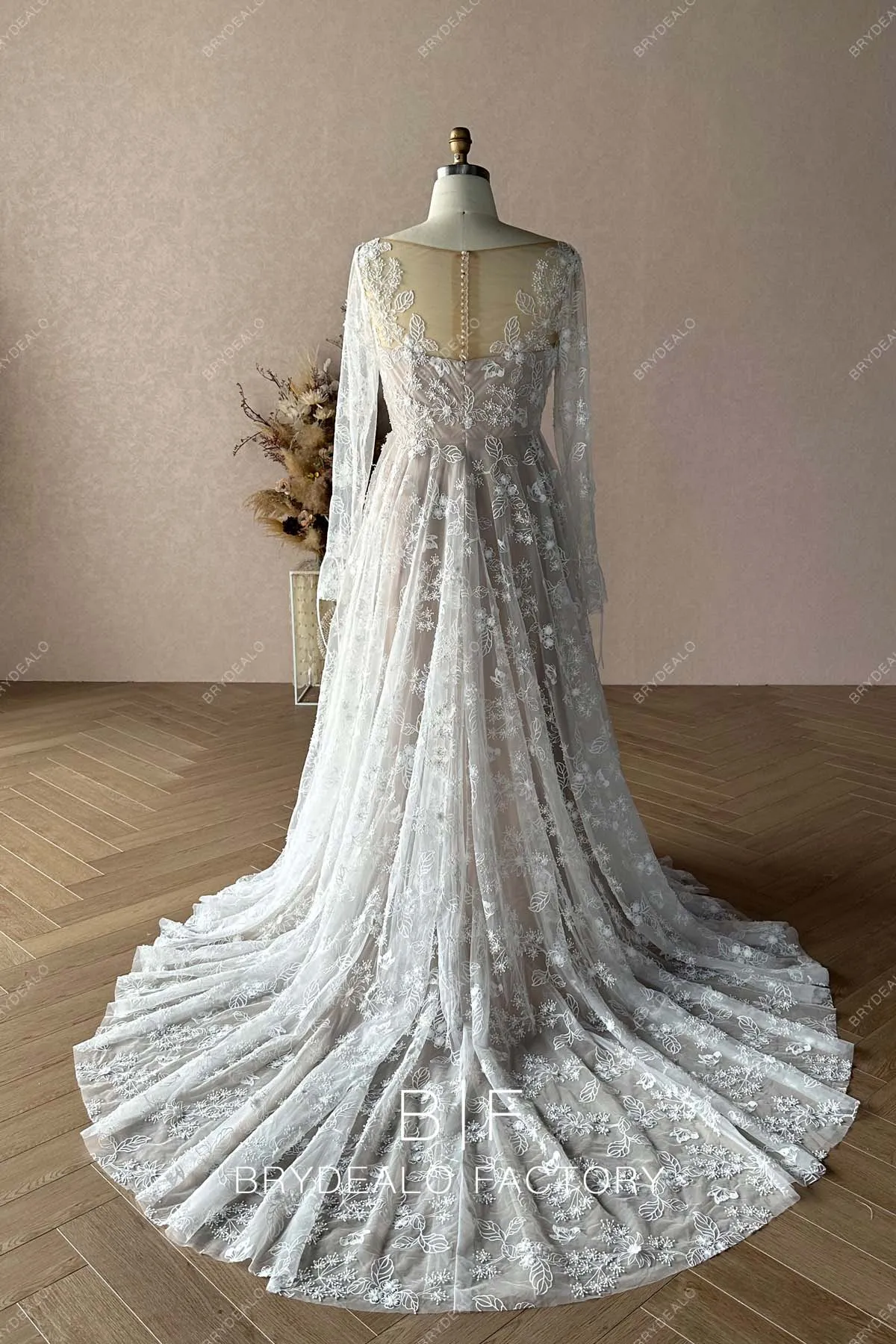 Plus Size Boho Lace Nude Beige Long Sleeve Beautiful Wedding Dress