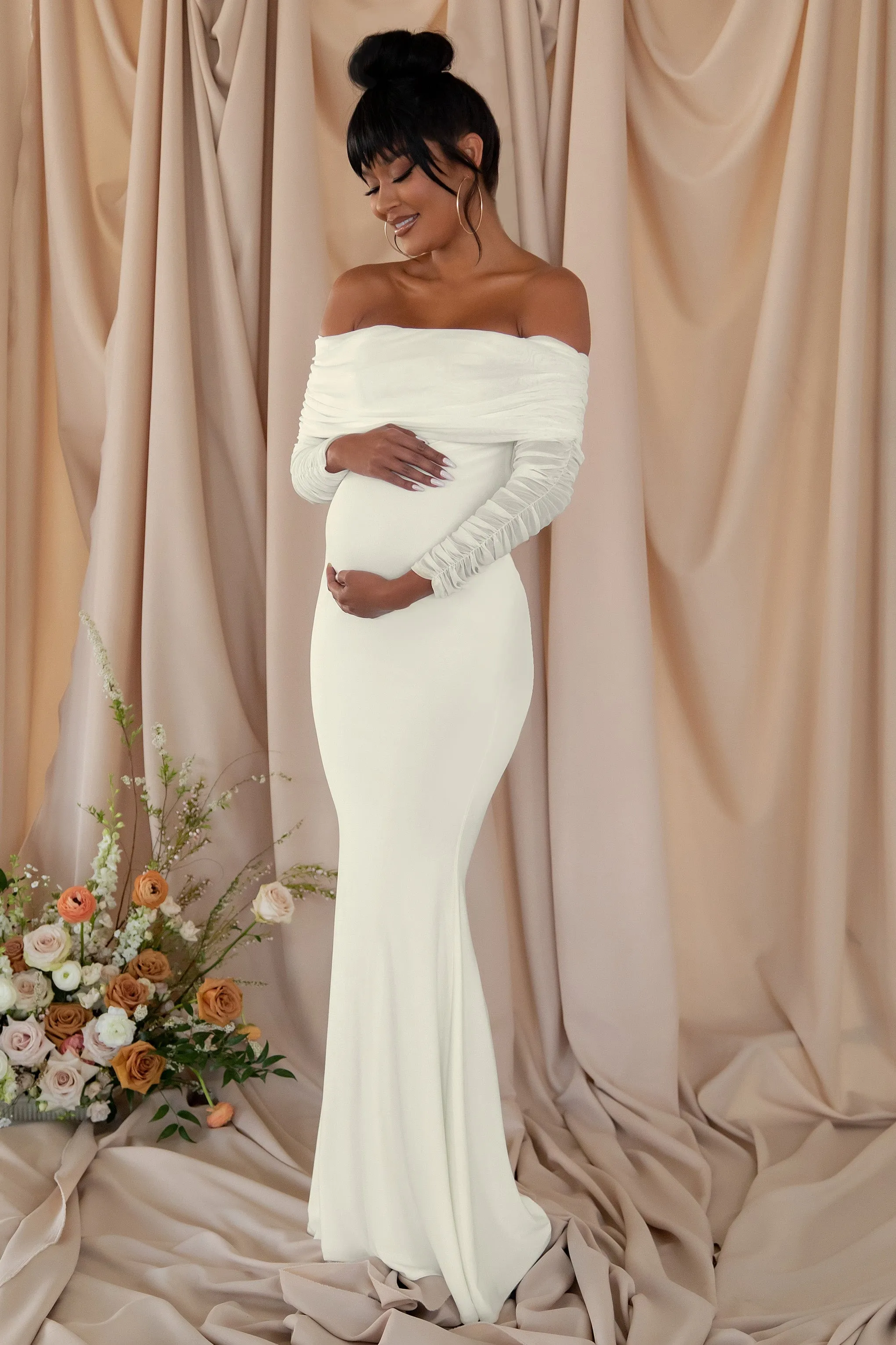 Pretty Perfect | White Maternity Ruched Mesh Bardot Maxi Dress