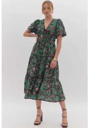 Printed SS Tiered Midi Dress in Green by Entro