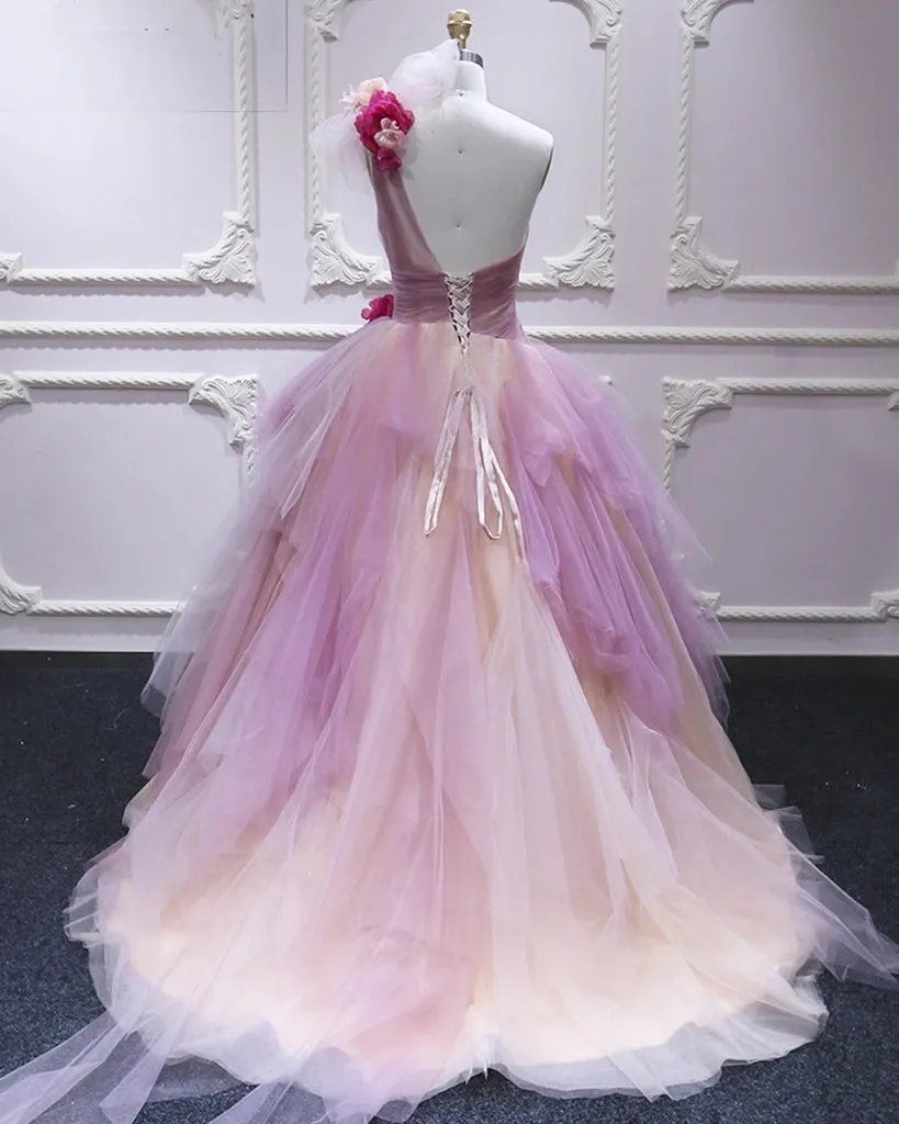 Puffy One Shoulder Sleeveless Tulle Prom Dress with Flowers Ruffles Quinceanera Dress