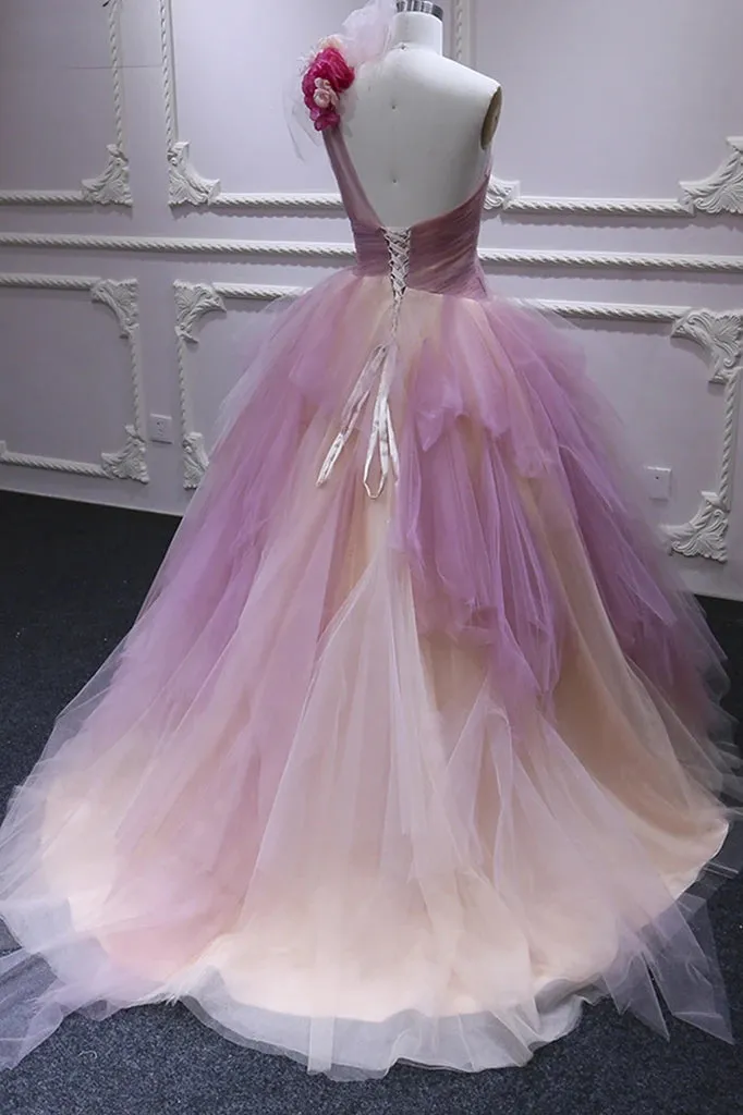 Puffy One Shoulder Sleeveless Tulle Prom Dress with Flowers Ruffles Quinceanera Dress