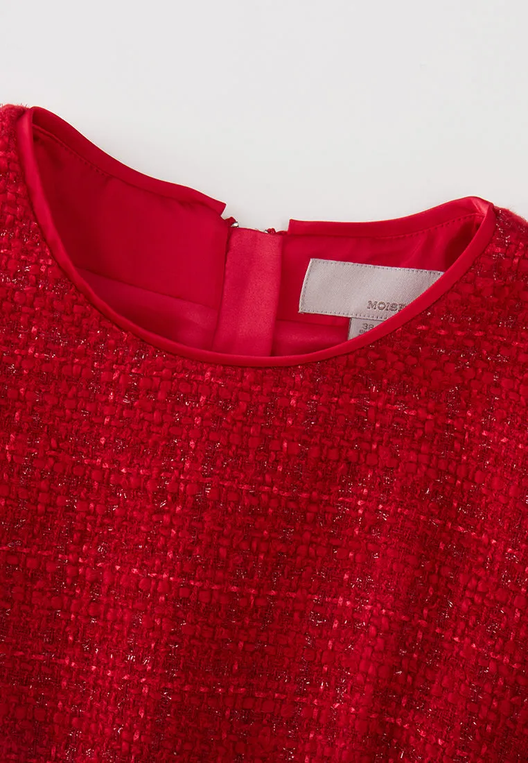 Red Cap-sleeved Embroidered Mesh Tweed Dress