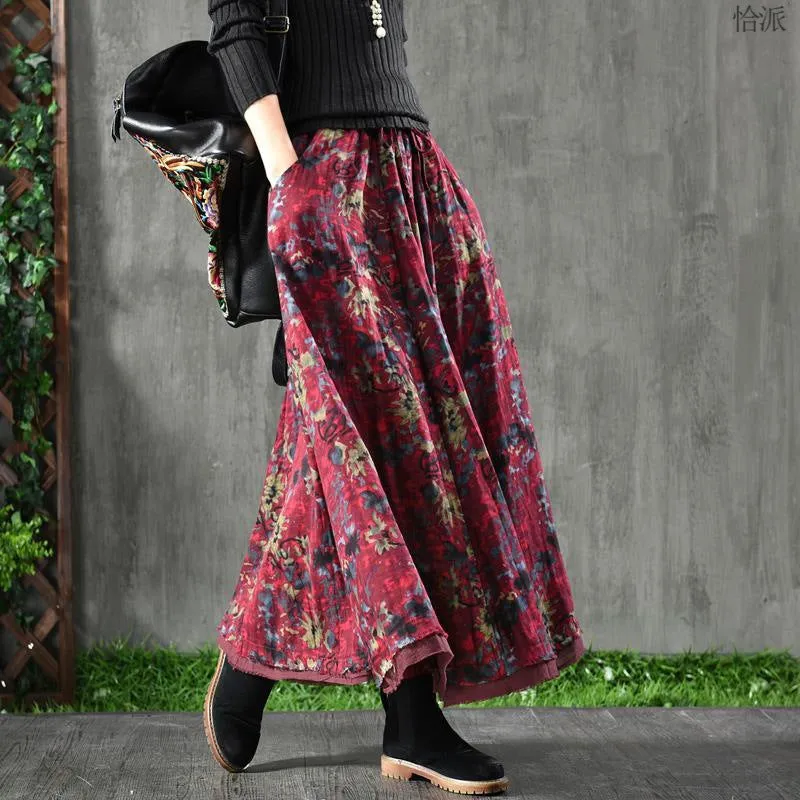 Retro Artistic Floral Slimming Skirt Double Layer Wide Hem Flowy