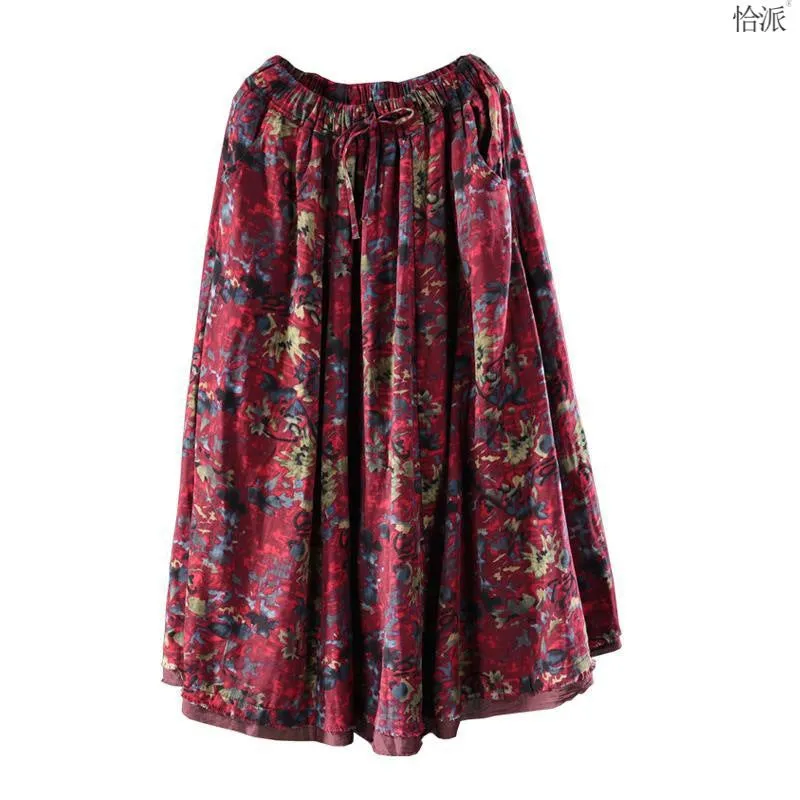 Retro Artistic Floral Slimming Skirt Double Layer Wide Hem Flowy