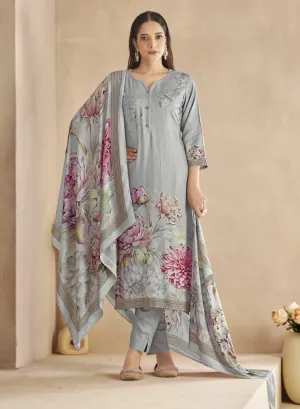 Rivaa Printed Grey Unstitched Cotton Suit Dress Material for Women