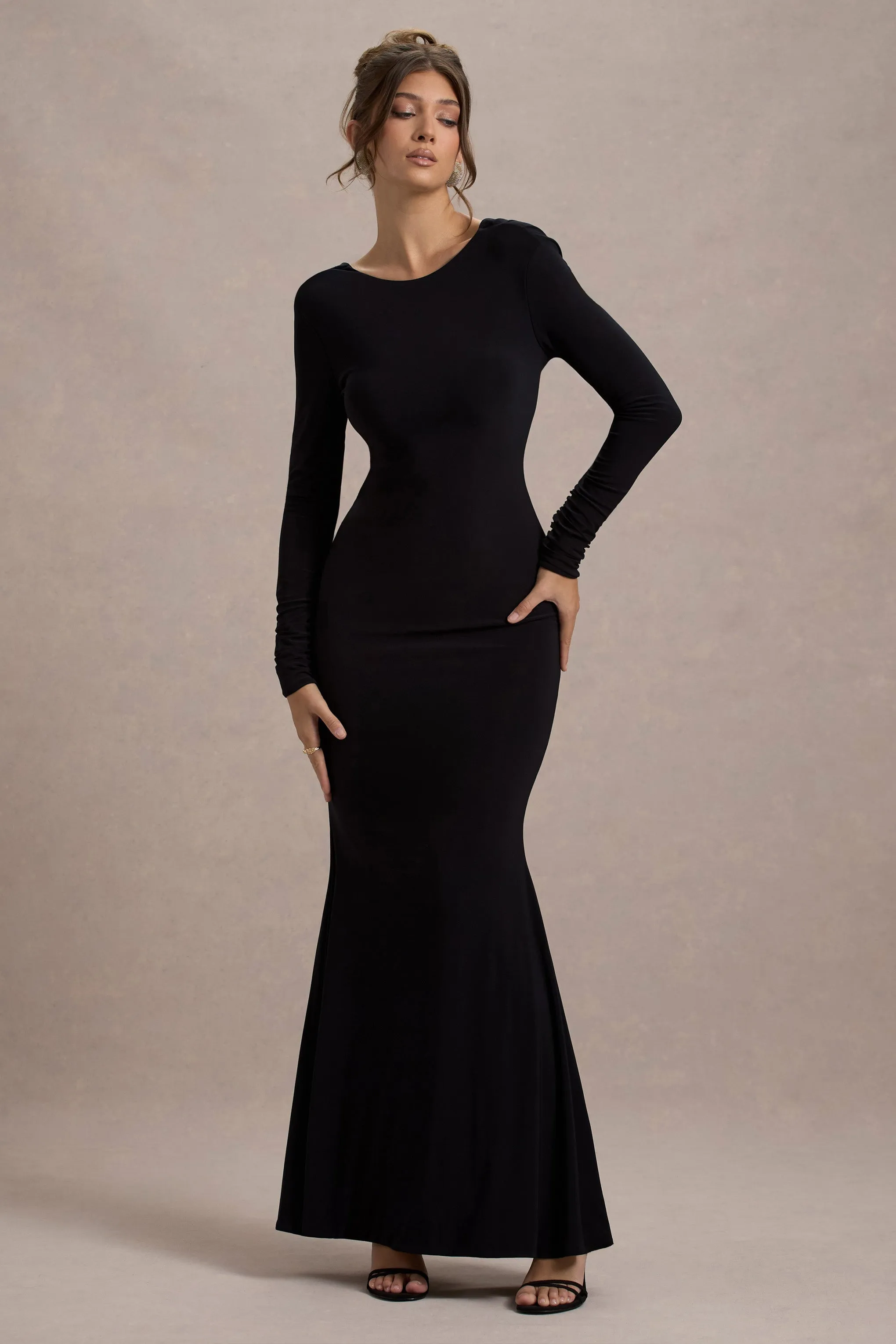 Rosalee | Black Long-Sleeve Cowl-Back Fishtail Maxi Dress With Bows