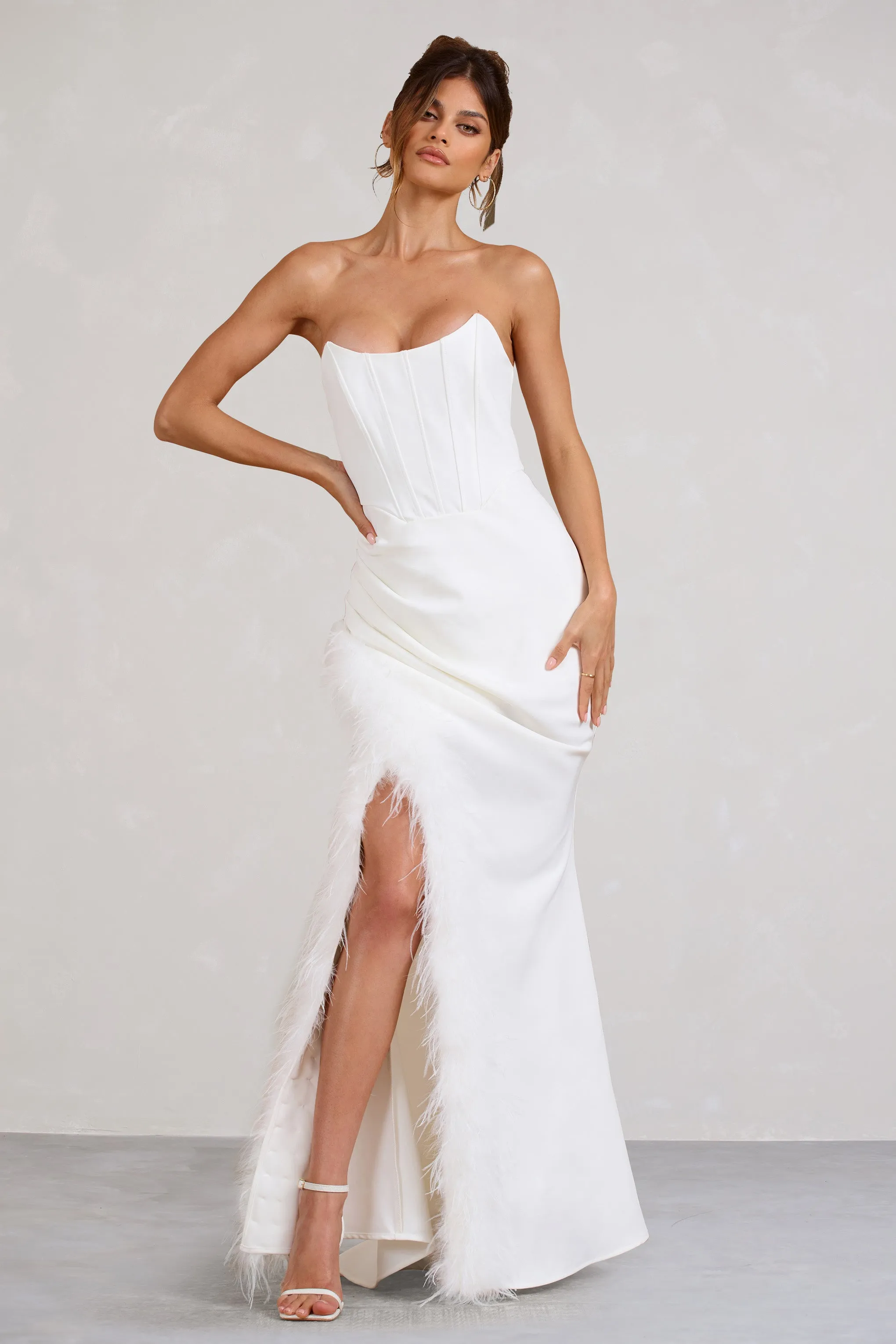 Say Yes | White Corset Maxi Dress With Split Feather Skirt