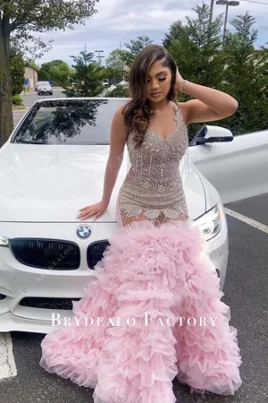 Shimmer Rhinestones Pink Tiered Tulle Floor Length Trumpet Prom Dress