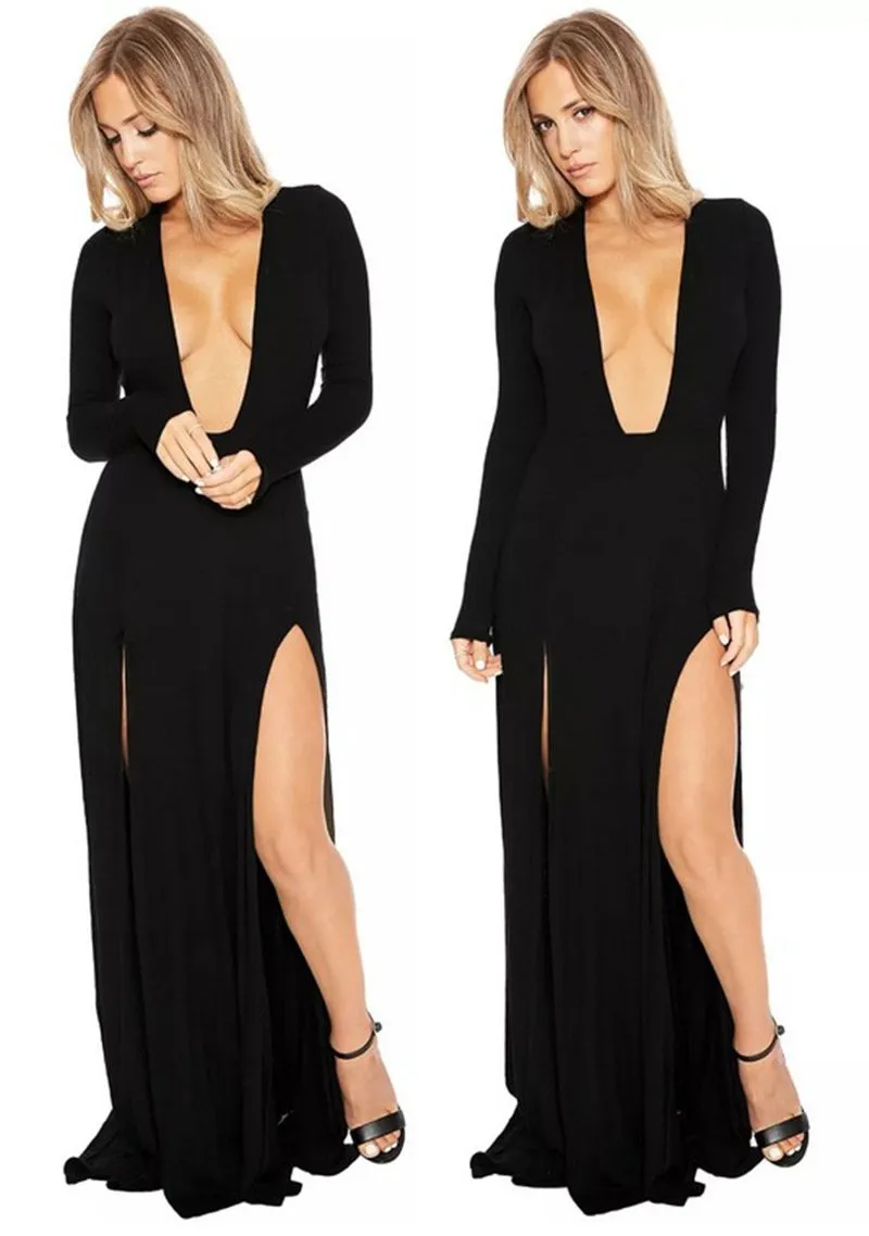 Solid color long-sleeved V-neck sexy dress fashion plus size women s evening dress