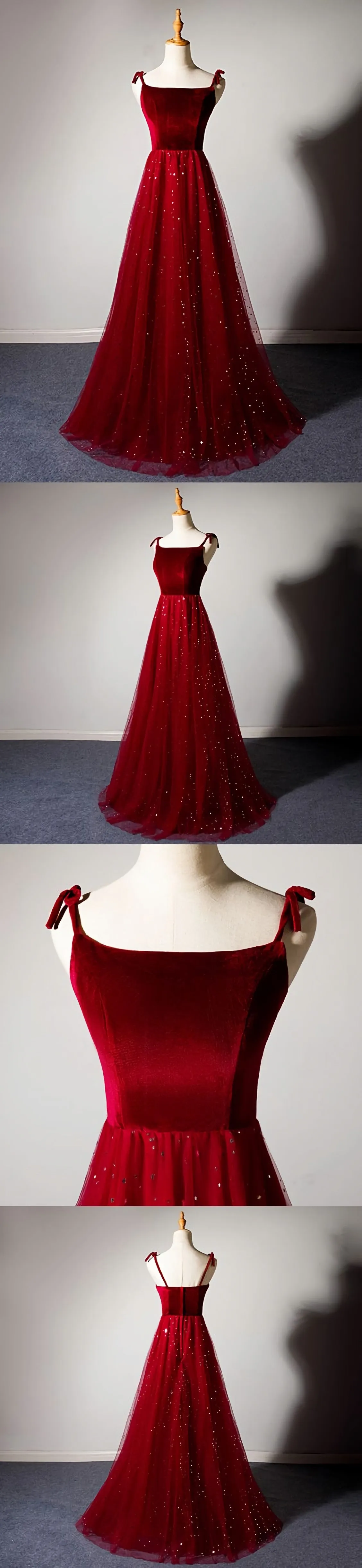 Sparkly Tulle Long Prom Dress A Line Spaghetti Straps Burgundy Prom Evening Dress