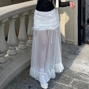 Streetwear White Ruffles Folds Sexy Long Skirt Women Fashion Korean Mesh Lace Spliced Transparent Summer Party Skirt