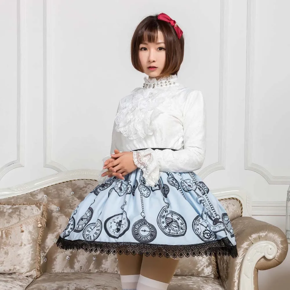 Sweet Mori Girl Light Sky Blue Pocket Watch Printed Short Skirt with Lace Trimming