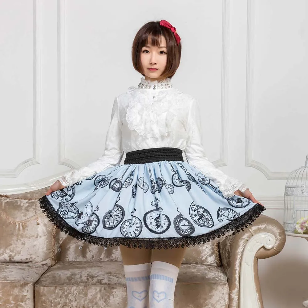 Sweet Mori Girl Light Sky Blue Pocket Watch Printed Short Skirt with Lace Trimming