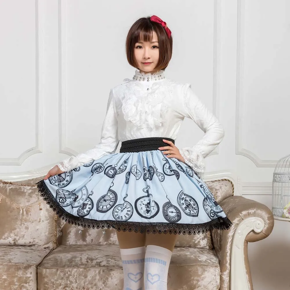 Sweet Mori Girl Light Sky Blue Pocket Watch Printed Short Skirt with Lace Trimming