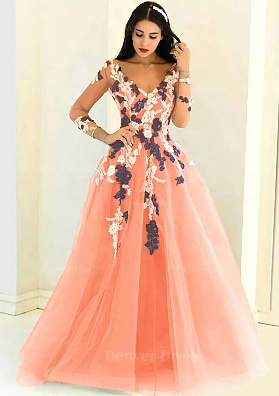 Tulle Long/Floor-Length A-Line/Princess Full/Long Sleeve V-Neck Zipper Evening Dress With Appliqued