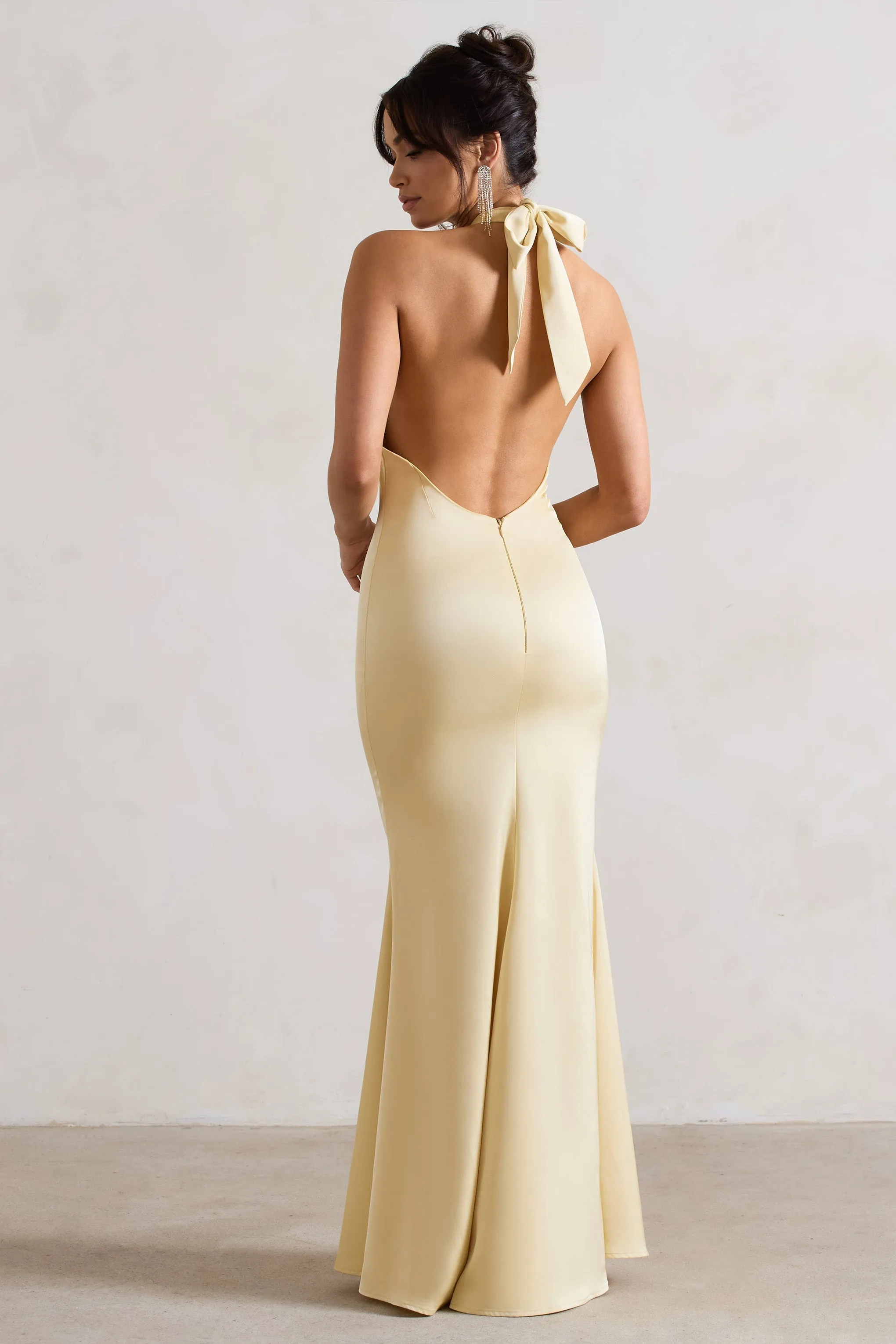 Unbeatable | Lemon Satin Cross Over Halter-Neck Maxi Dress