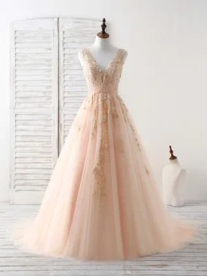 Unique V Neck Tulle Lace Applique Long Prom Dress Evening Dress