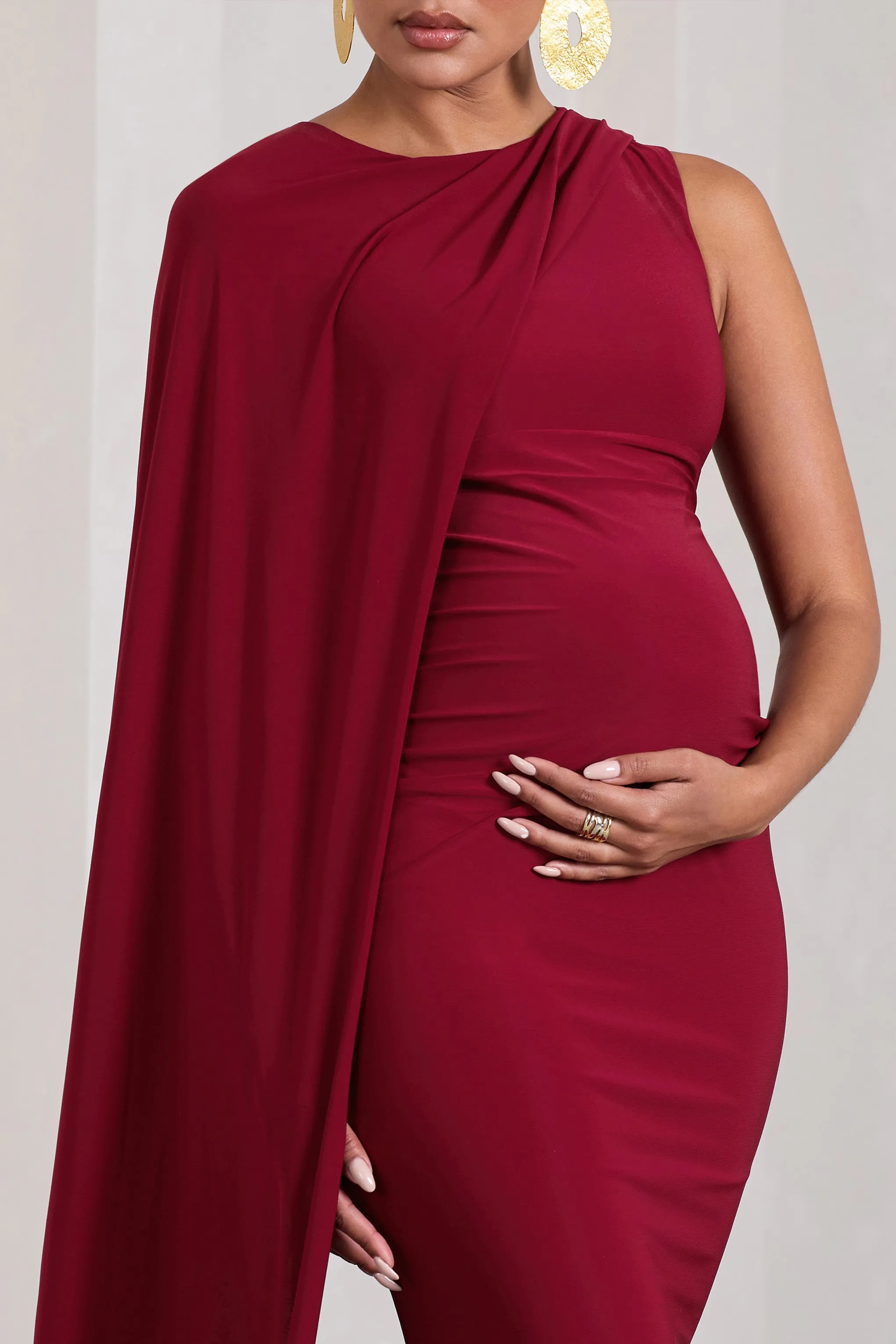 Unveil | Berry One-Sleeve Cape Maternity Maxi Dress