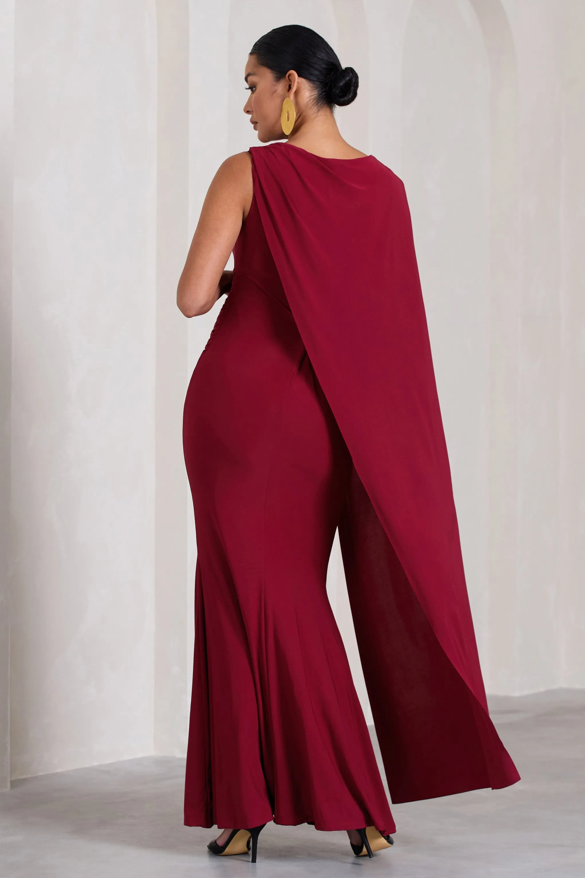 Unveil | Berry One-Sleeve Cape Maternity Maxi Dress