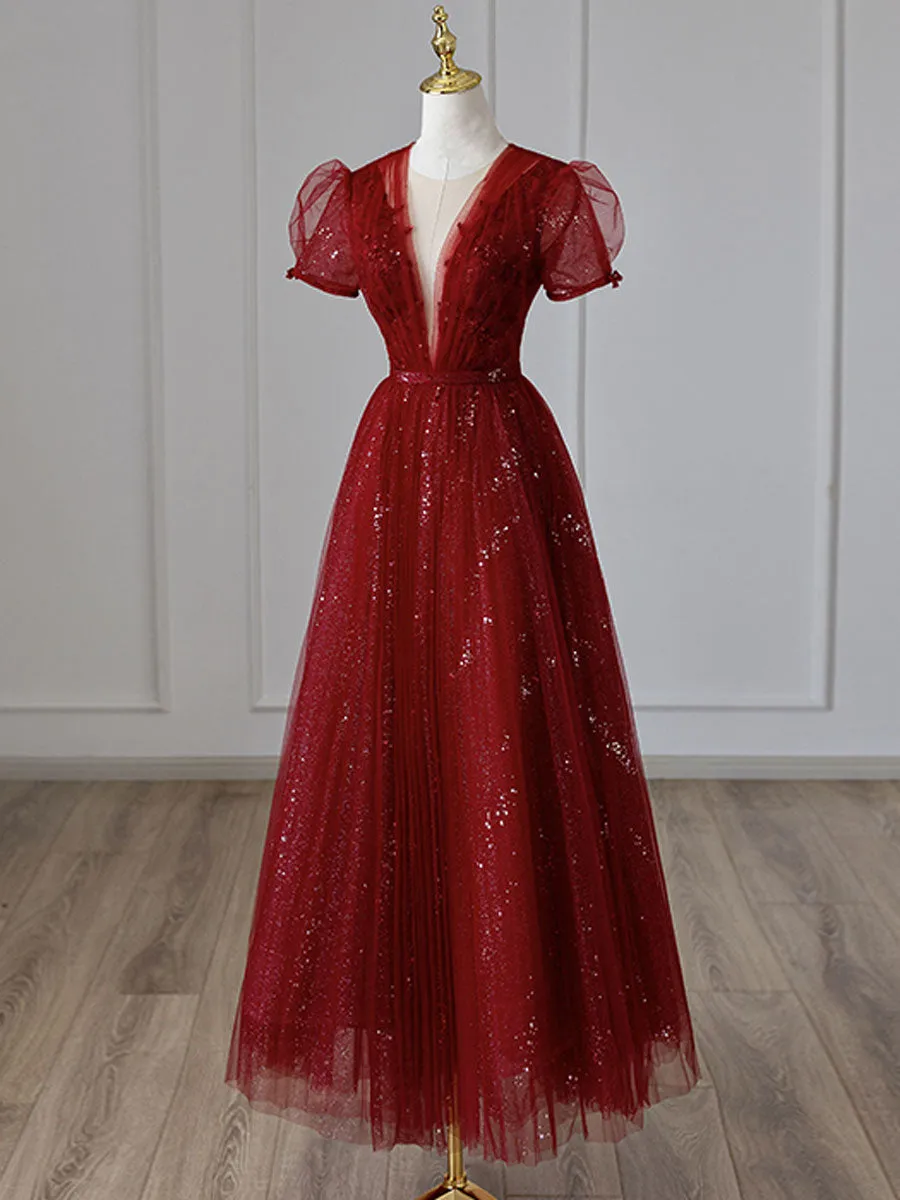 V Neck Tulle Sequin Tea Length Burgundy Prom Dress Burgundy Evening Dress