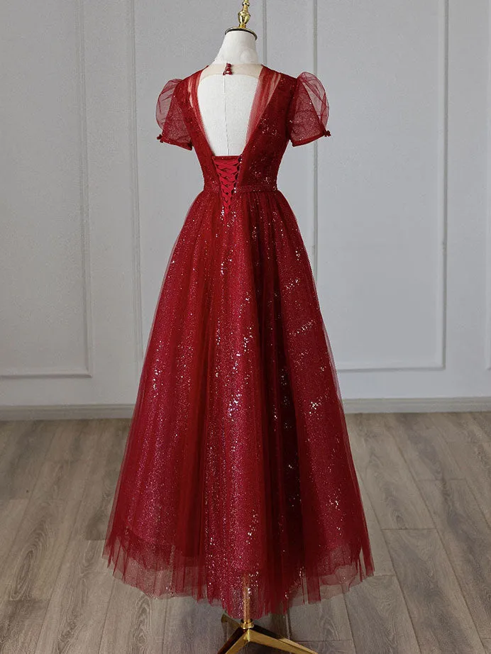 V Neck Tulle Sequin Tea Length Burgundy Prom Dress Burgundy Evening Dress