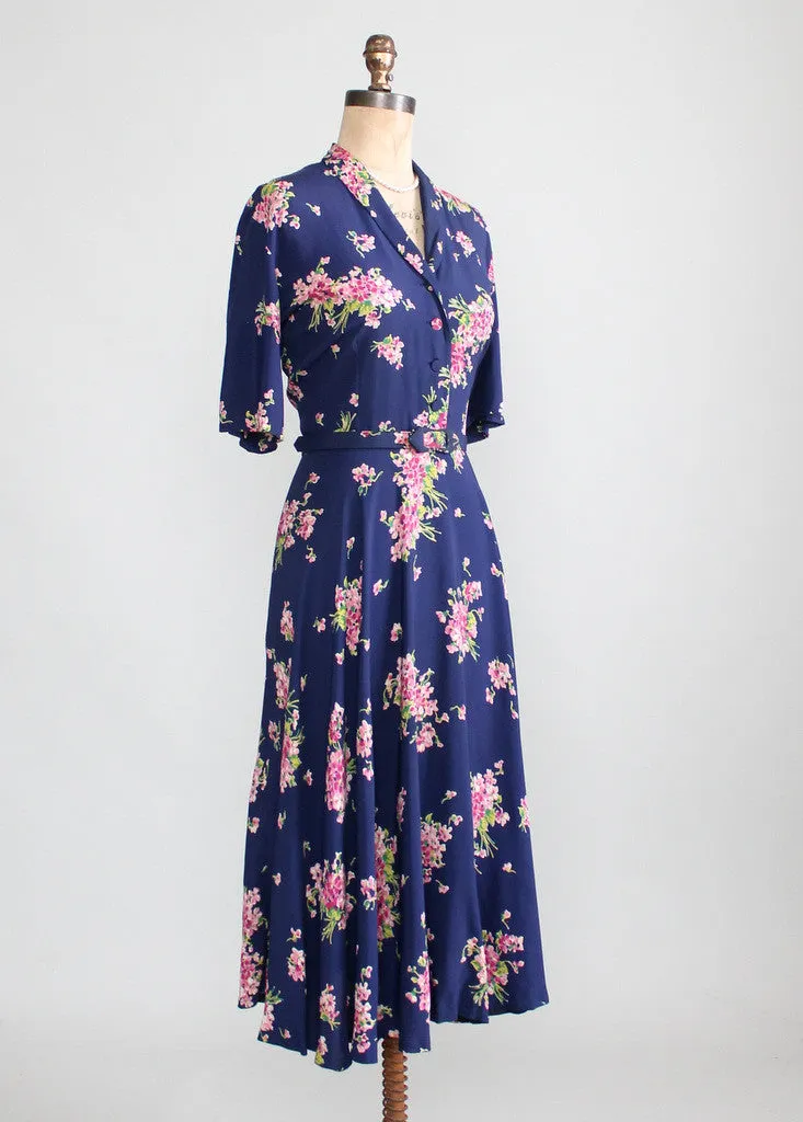 Vintage 1940s Pink Bouquet Floral Rayon Dress