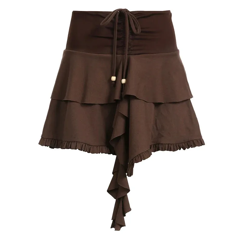 Vintage Brown Y2K Drawstring Short Skirts for Women Ruffles Irregular High Waist Party Skirt Two-Layer Frill Clothes