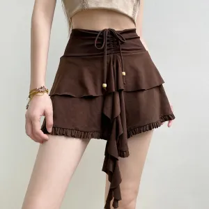 Vintage Brown Y2K Drawstring Short Skirts for Women Ruffles Irregular High Waist Party Skirt Two-Layer Frill Clothes