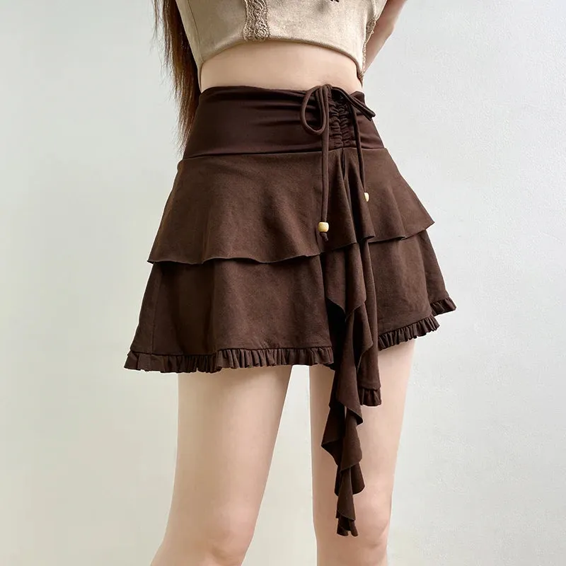 Vintage Brown Y2K Drawstring Short Skirts for Women Ruffles Irregular High Waist Party Skirt Two-Layer Frill Clothes