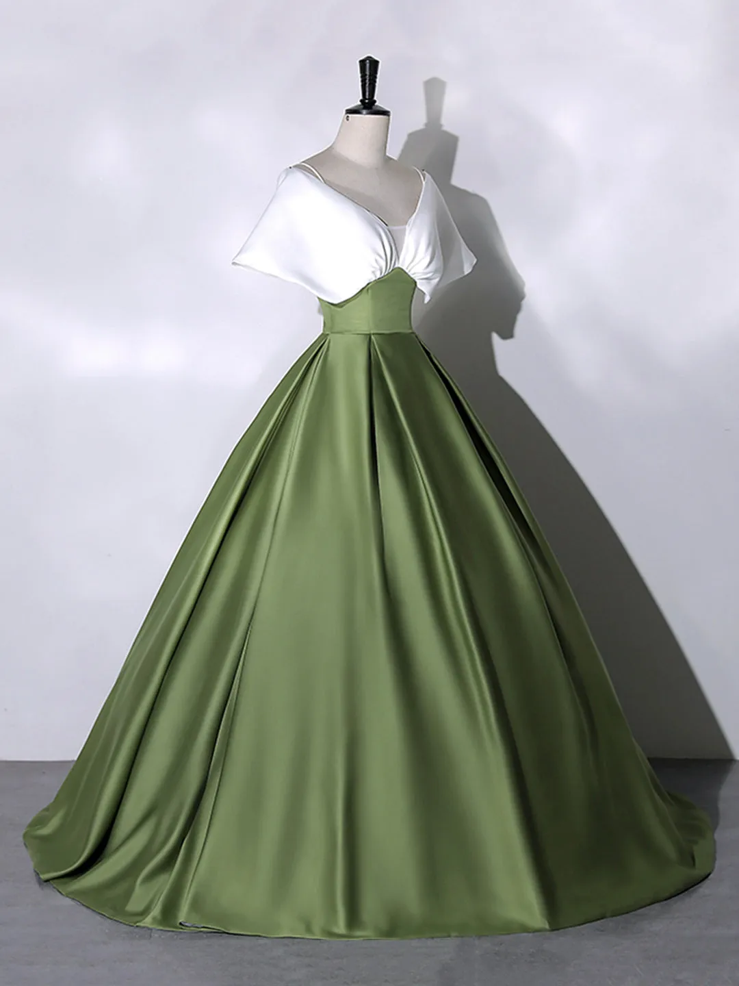 White Green Satin Floor Length Prom Dress V-Neck Off the Shoulder Evening Dress