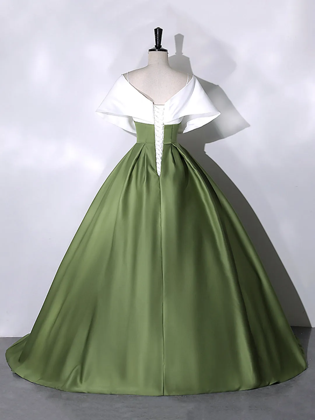 White Green Satin Floor Length Prom Dress V-Neck Off the Shoulder Evening Dress