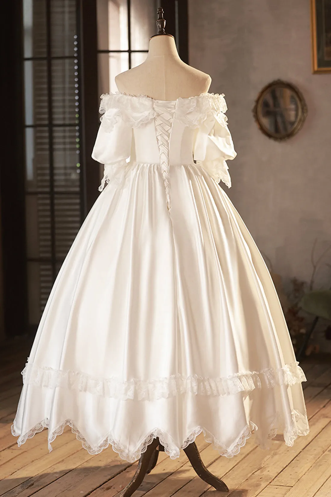 White Satin Lace Prom Dress, White Evening Dress, Wedding Dress