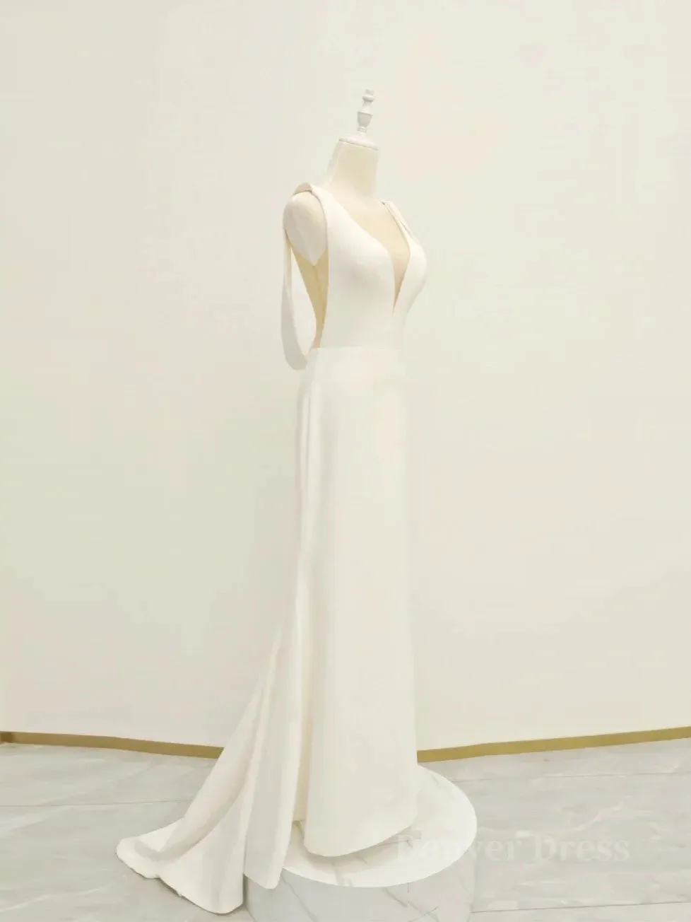 White v neck long prom dress white evening dress